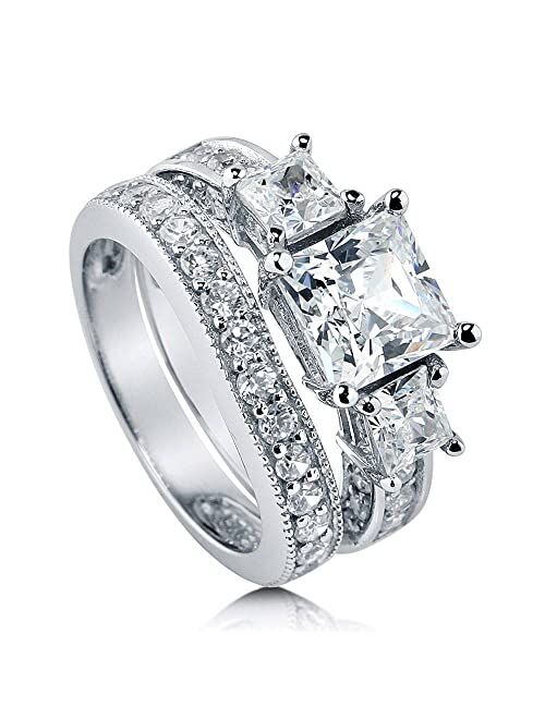 BERRICLE Sterling Silver 3-Stone Wedding Engagement Rings Princess Cut Cubic Zirconia CZ Anniversary Ring Set for Women, Rhodium Plated Size 4-10