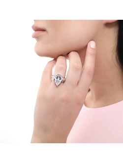 Sterling Silver 3-Stone Wedding Engagement Rings Pear Cut Cubic Zirconia CZ Statement Anniversary Ring for Women, Rhodium Plated Size 4-10