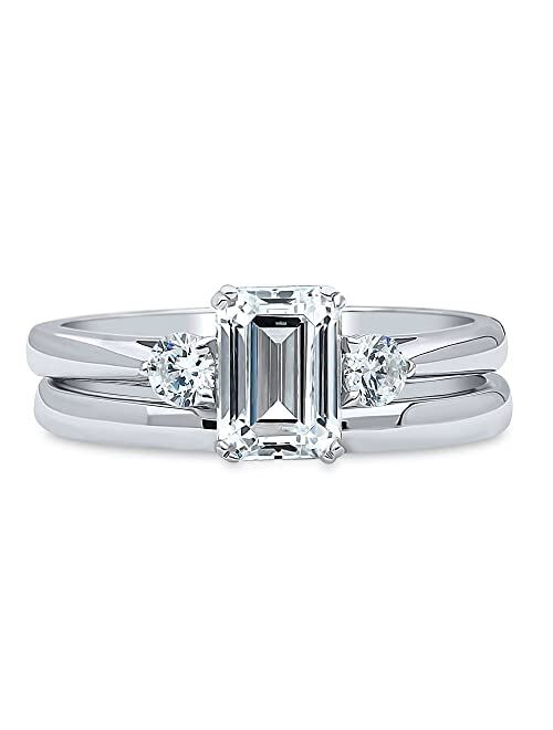 BERRICLE Sterling Silver 3-Stone Wedding Engagement Rings Emerald Cut Cubic Zirconia CZ Anniversary Ring Set for Women, Rhodium Plated Size 4-10