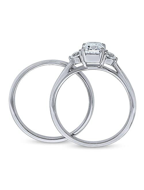 BERRICLE Sterling Silver 3-Stone Wedding Engagement Rings Emerald Cut Cubic Zirconia CZ Anniversary Ring Set for Women, Rhodium Plated Size 4-10