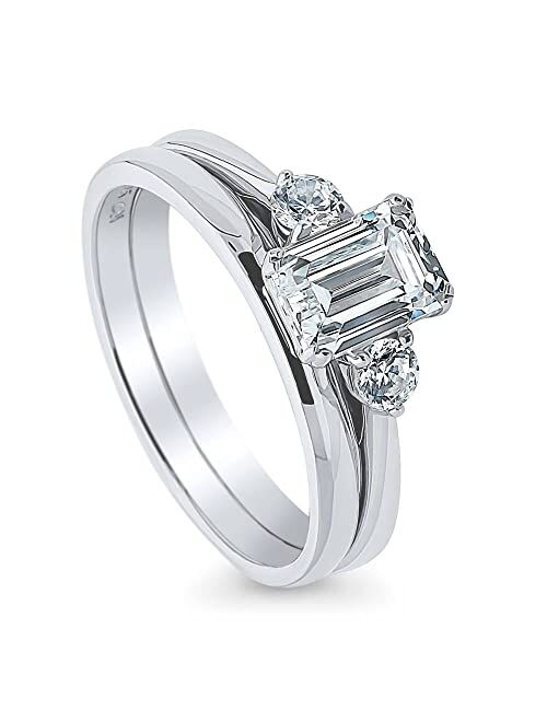 BERRICLE Sterling Silver 3-Stone Wedding Engagement Rings Emerald Cut Cubic Zirconia CZ Anniversary Ring Set for Women, Rhodium Plated Size 4-10