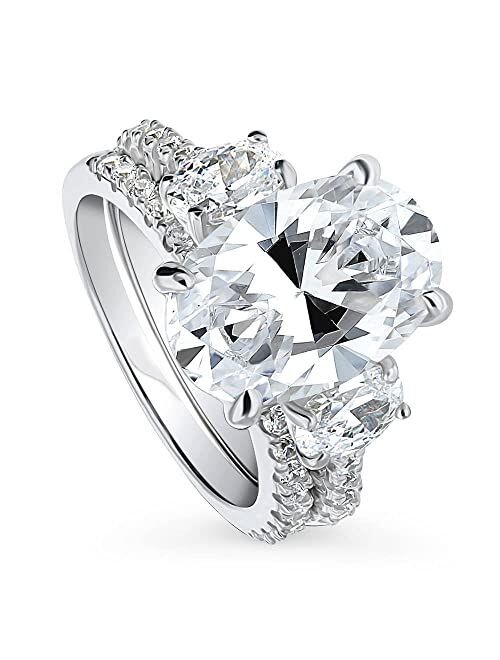 BERRICLE Sterling Silver 3-Stone Wedding Engagement Rings Oval Cut Cubic Zirconia CZ Anniversary Ring Set for Women, Rhodium Plated Size 4-10