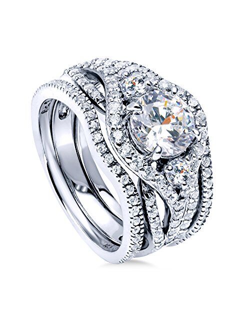 BERRICLE Sterling Silver 3-Stone Wedding Engagement Rings Round Cubic Zirconia CZ Anniversary Ring Set for Women, Rhodium Plated Size 4-10