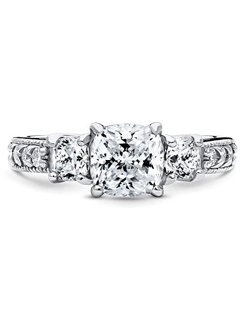 BERRICLE Sterling Silver 3-Stone Wedding Engagement Rings Cushion Cut Cubic Zirconia CZ Anniversary Promise Ring for Women, Rhodium Plated Size 4-10