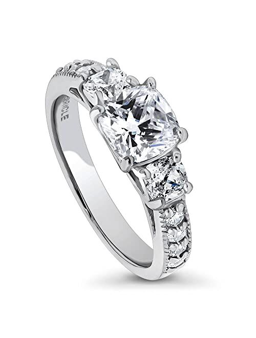 BERRICLE Sterling Silver 3-Stone Wedding Engagement Rings Cushion Cut Cubic Zirconia CZ Anniversary Promise Ring for Women, Rhodium Plated Size 4-10