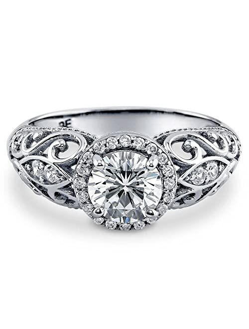 BERRICLE Sterling Silver Halo Wedding Engagement Rings Round Cubic Zirconia CZ Art Deco Ring for Women, Rhodium Plated Size 4-10