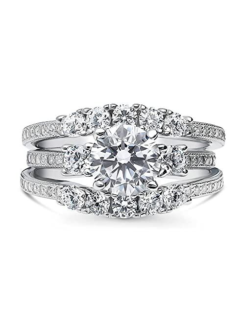 BERRICLE Sterling Silver 3-Stone Wedding Engagement Rings Round Cubic Zirconia CZ Anniversary Ring Set for Women, Rhodium Plated Size 4-10