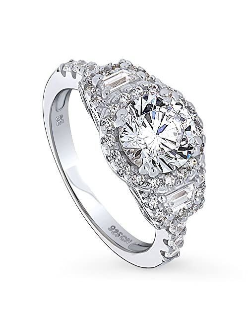 BERRICLE Sterling Silver 3-Stone Wedding Engagement Rings Round Cubic Zirconia CZ Halo Ring for Women, Rhodium Plated Size 4-10