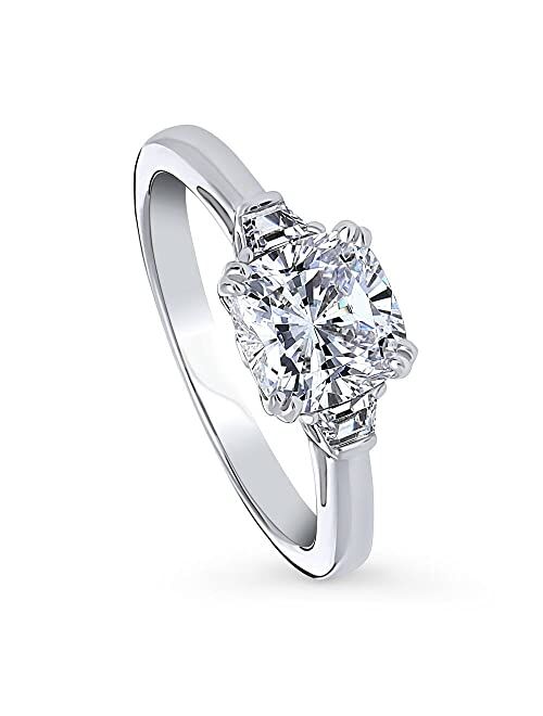 BERRICLE Sterling Silver 3-Stone Wedding Engagement Rings Cushion Cut Cubic Zirconia CZ Anniversary Ring for Women, Rhodium Plated Size 4-10