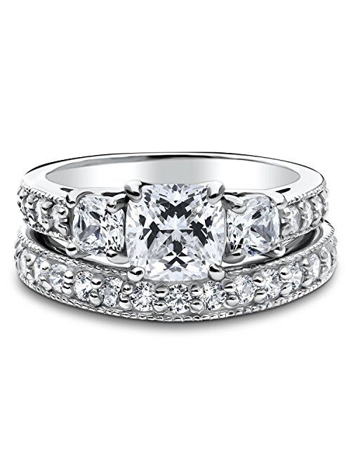 BERRICLE Sterling Silver 3-Stone Wedding Engagement Rings Cushion Cut Cubic Zirconia CZ Anniversary Ring Set for Women, Rhodium Plated Size 4-10