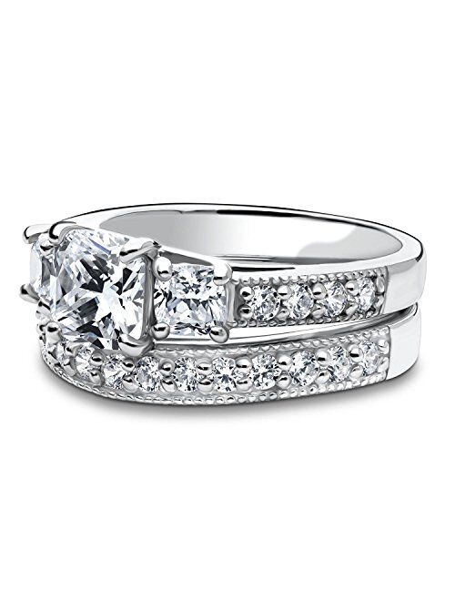 BERRICLE Sterling Silver 3-Stone Wedding Engagement Rings Cushion Cut Cubic Zirconia CZ Anniversary Ring Set for Women, Rhodium Plated Size 4-10