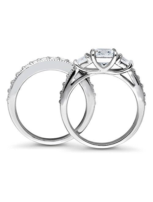 BERRICLE Sterling Silver 3-Stone Wedding Engagement Rings Cushion Cut Cubic Zirconia CZ Anniversary Ring Set for Women, Rhodium Plated Size 4-10