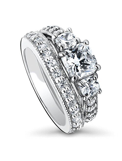 BERRICLE Sterling Silver 3-Stone Wedding Engagement Rings Cushion Cut Cubic Zirconia CZ Anniversary Ring Set for Women, Rhodium Plated Size 4-10