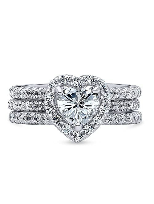 BERRICLE Sterling Silver Halo Wedding Engagement Rings Heart Cubic Zirconia CZ Insert Ring Set for Women, Rhodium Plated Size 4-10