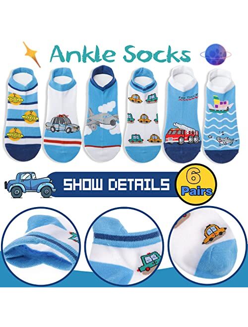 Welwoos Kids Boys Ankle Socks No Show Low Cut Funny Cute Cartoon Novelty Cotton Socks 6 Pairs