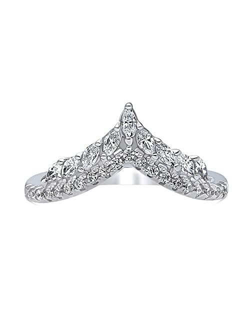 BERRICLE Sterling Silver Wishbone Wedding Rings Cubic Zirconia CZ Chevron Anniversary Curved Half Eternity Ring for Women, Rhodium Plated Size 4-10