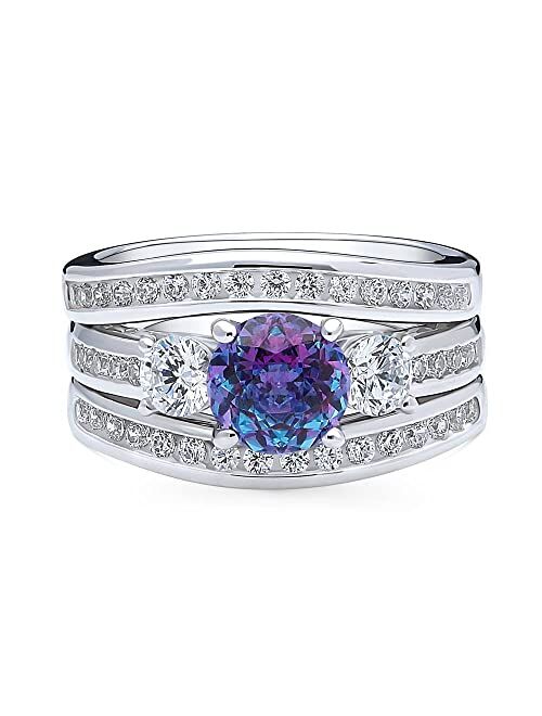 BERRICLE Sterling Silver 3-Stone Wedding Engagement Rings Purple Aqua Round Cubic Zirconia CZ Kaleidoscope Ring Set for Women, Rhodium Plated Size 4-10