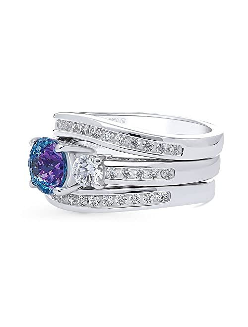 BERRICLE Sterling Silver 3-Stone Wedding Engagement Rings Purple Aqua Round Cubic Zirconia CZ Kaleidoscope Ring Set for Women, Rhodium Plated Size 4-10