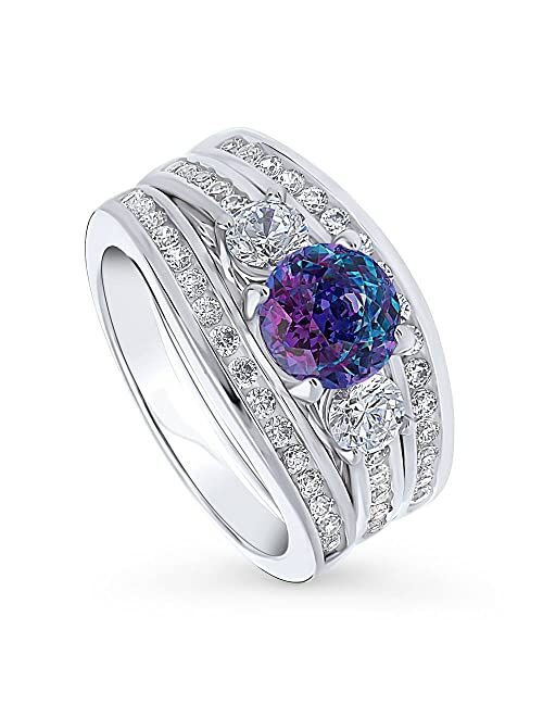 BERRICLE Sterling Silver 3-Stone Wedding Engagement Rings Purple Aqua Round Cubic Zirconia CZ Kaleidoscope Ring Set for Women, Rhodium Plated Size 4-10