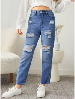 Teen Girls Ripped Straight Leg Jeans