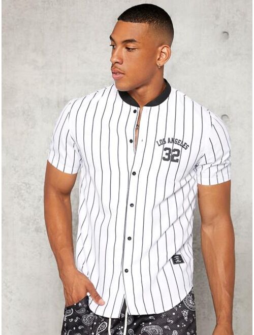 SHEIN Men Striped Letter Graphic Baseball Collar Shirt