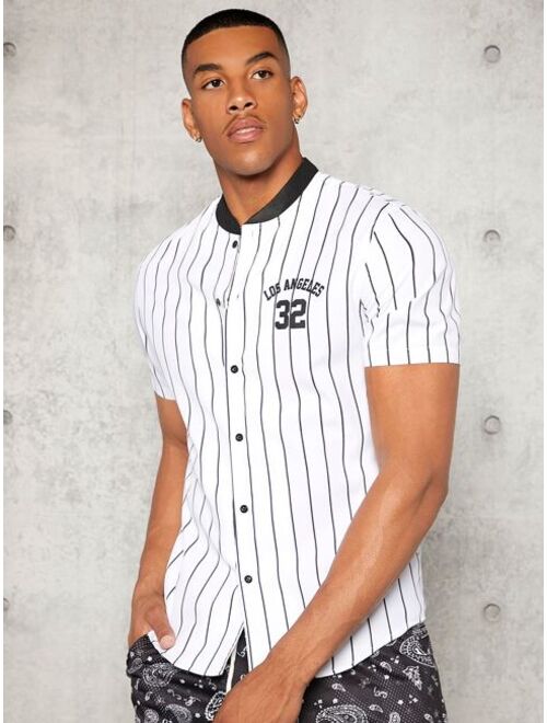 SHEIN Men Striped Letter Graphic Baseball Collar Shirt