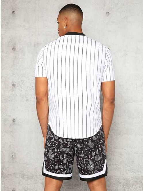 SHEIN Men Striped Letter Graphic Baseball Collar Shirt