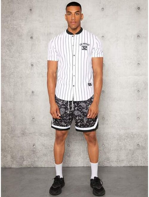 SHEIN Men Striped Letter Graphic Baseball Collar Shirt