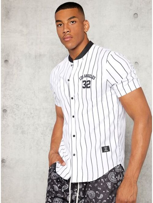 SHEIN Men Striped Letter Graphic Baseball Collar Shirt