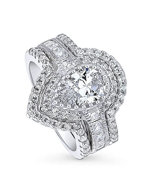 BERRICLE Sterling Silver Halo Wedding Engagement Rings Pear Cut Cubic Zirconia CZ Milgrain Ring Set for Women, Rhodium Plated Size 4-10