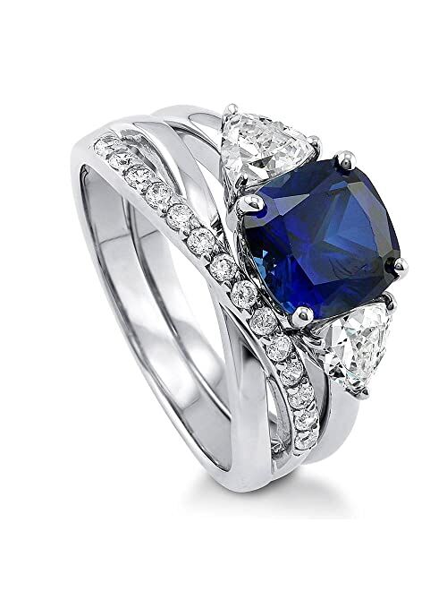 BERRICLE Sterling Silver 3-Stone Wedding Engagement Rings Simulated Blue Sapphire Cushion Cut Cubic Zirconia CZ Criss Cross Ring Set for Women, Rhodium Plated Size 4-10