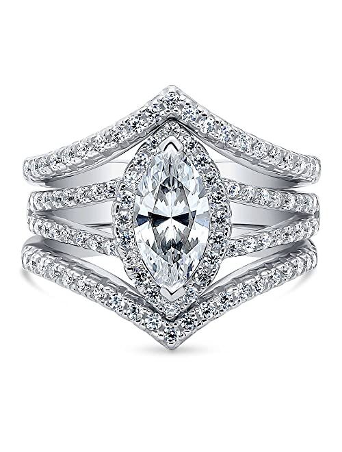 BERRICLE Sterling Silver Halo Wedding Engagement Rings Marquise Cut Cubic Zirconia CZ Split Shank Ring Set for Women, Rhodium Plated Size 4-10