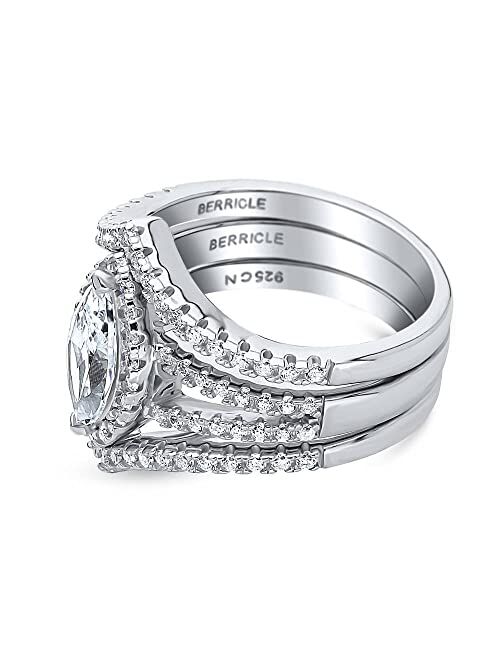 BERRICLE Sterling Silver Halo Wedding Engagement Rings Marquise Cut Cubic Zirconia CZ Split Shank Ring Set for Women, Rhodium Plated Size 4-10