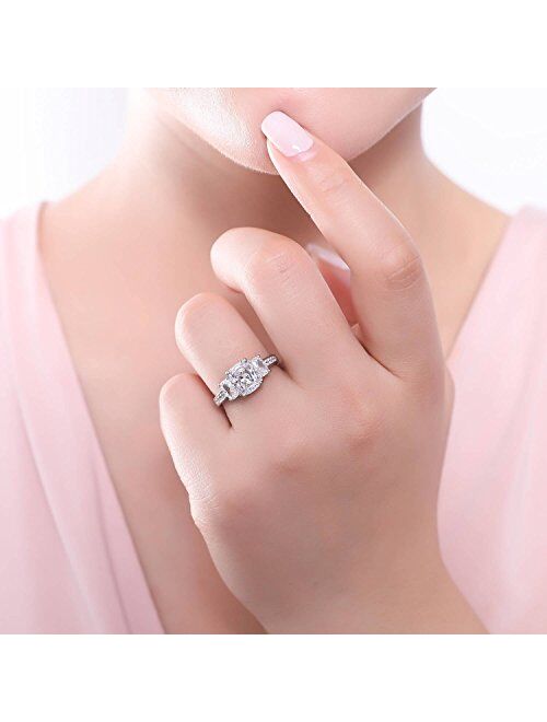 BERRICLE Sterling Silver 3-Stone Wedding Engagement Rings Cushion Cut Cubic Zirconia CZ Anniversary Ring Set for Women, Rhodium Plated Size 4-10