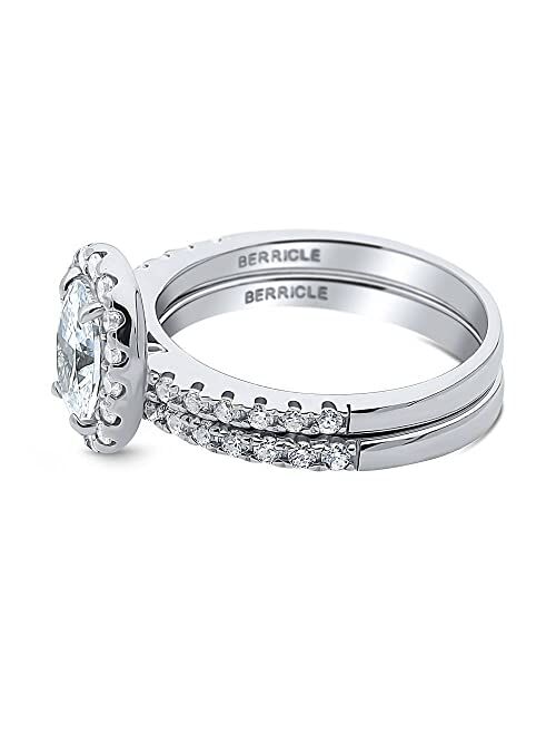 BERRICLE Sterling Silver Halo Wedding Engagement Rings Oval Cut Cubic Zirconia CZ Ring Set for Women, Rhodium Plated Size 4-10