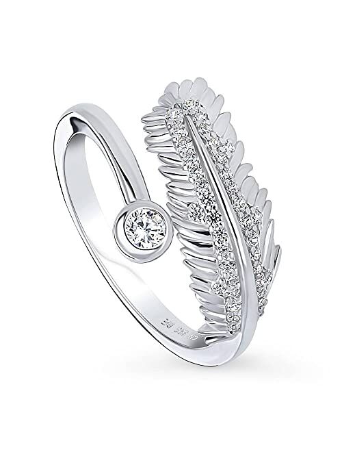 BERRICLE Sterling Silver Feather Cubic Zirconia CZ Bypass Fashion Ring for Women, Rhodium Plated Size 4-10