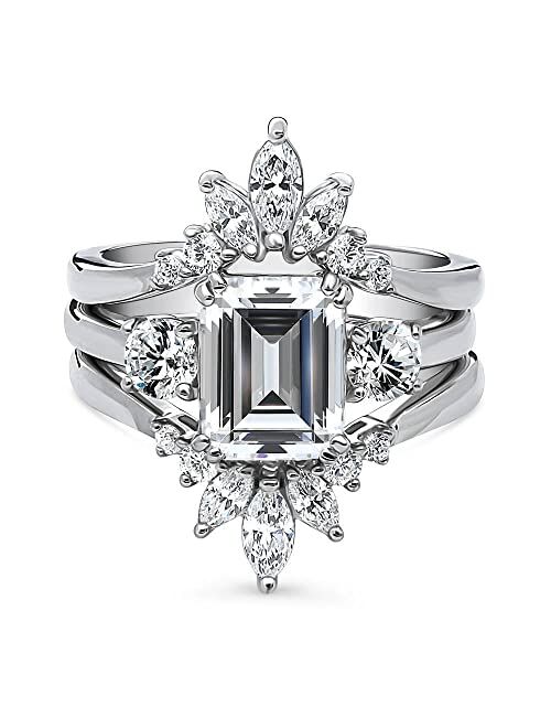 BERRICLE Sterling Silver 3-Stone Wedding Engagement Rings Emerald Cut Cubic Zirconia CZ 7-Stone Ring Set for Women, Rhodium Plated Size 4-10