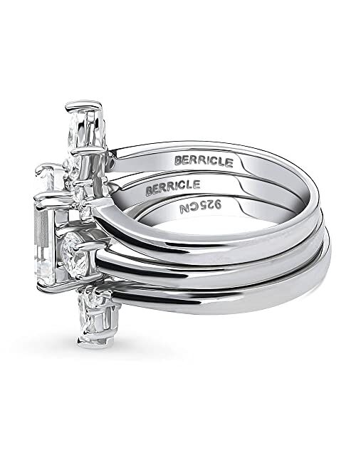 BERRICLE Sterling Silver 3-Stone Wedding Engagement Rings Emerald Cut Cubic Zirconia CZ 7-Stone Ring Set for Women, Rhodium Plated Size 4-10