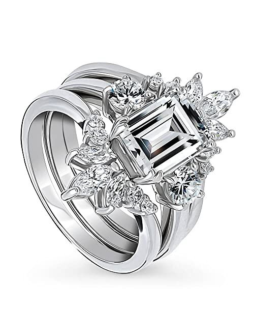 BERRICLE Sterling Silver 3-Stone Wedding Engagement Rings Emerald Cut Cubic Zirconia CZ 7-Stone Ring Set for Women, Rhodium Plated Size 4-10