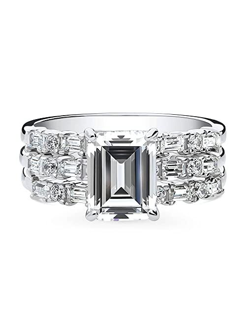 BERRICLE Sterling Silver Solitaire Wedding Engagement Rings 2.1 Carat Emerald Cut Cubic Zirconia CZ Art Deco Ring Set for Women, Rhodium Plated Size 4-10