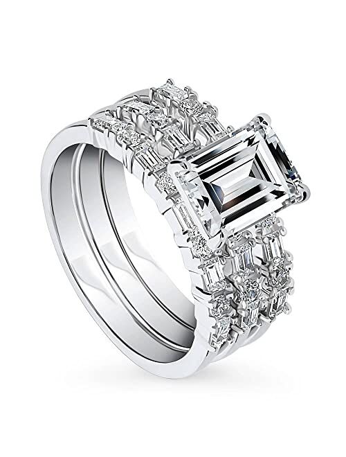 BERRICLE Sterling Silver Solitaire Wedding Engagement Rings 2.1 Carat Emerald Cut Cubic Zirconia CZ Art Deco Ring Set for Women, Rhodium Plated Size 4-10