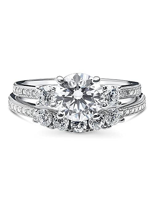 BERRICLE Sterling Silver 3-Stone Wedding Engagement Rings Round Cubic Zirconia CZ Anniversary Ring Set for Women, Rhodium Plated Size 4-10