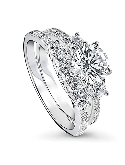 BERRICLE Sterling Silver 3-Stone Wedding Engagement Rings Round Cubic Zirconia CZ Anniversary Ring Set for Women, Rhodium Plated Size 4-10