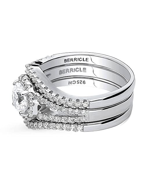 BERRICLE Sterling Silver Halo Wedding Engagement Rings Round Cubic Zirconia CZ Split Shank Ring Set for Women, Rhodium Plated Size 4-10