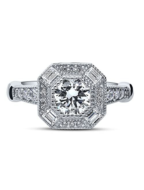 BERRICLE Sterling Silver Halo Wedding Engagement Rings Octagon Sun Cut Cubic Zirconia CZ Art Deco Ring for Women, Rhodium Plated Size 4-10