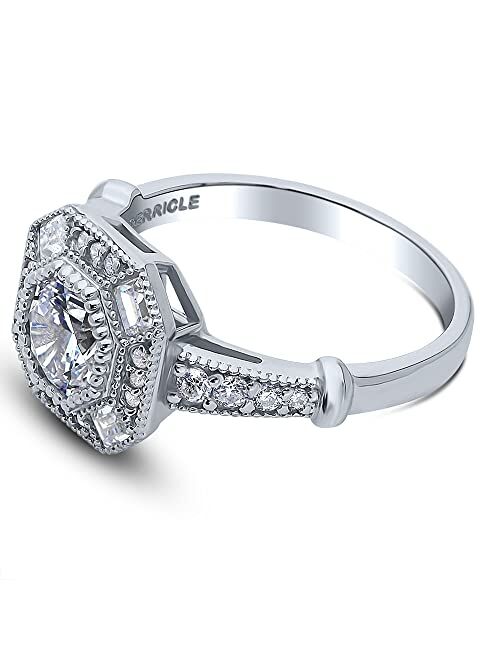 BERRICLE Sterling Silver Halo Wedding Engagement Rings Octagon Sun Cut Cubic Zirconia CZ Art Deco Ring for Women, Rhodium Plated Size 4-10