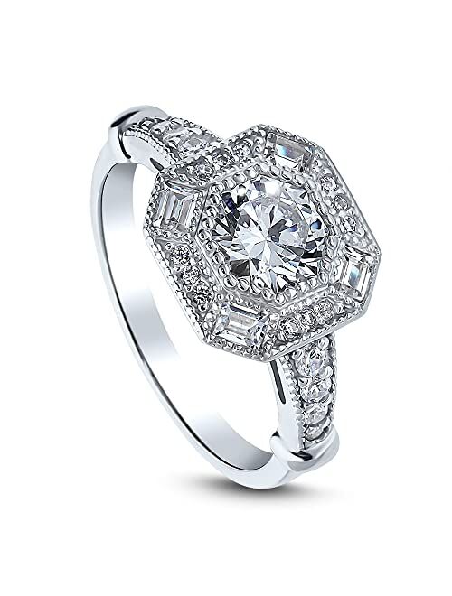 BERRICLE Sterling Silver Halo Wedding Engagement Rings Octagon Sun Cut Cubic Zirconia CZ Art Deco Ring for Women, Rhodium Plated Size 4-10