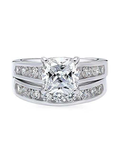 BERRICLE Sterling Silver Solitaire Wedding Engagement Rings 3 Carat Cushion Cut Cubic Zirconia CZ Ring Set for Women, Rhodium Plated Size 4-10