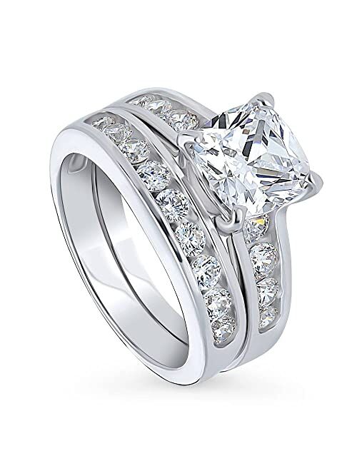 BERRICLE Sterling Silver Solitaire Wedding Engagement Rings 3 Carat Cushion Cut Cubic Zirconia CZ Ring Set for Women, Rhodium Plated Size 4-10