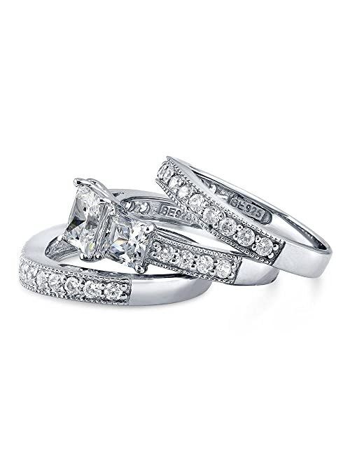 BERRICLE Sterling Silver 3-Stone Wedding Engagement Rings Princess Cut Cubic Zirconia CZ Anniversary Ring Set for Women, Rhodium Plated Size 4-10